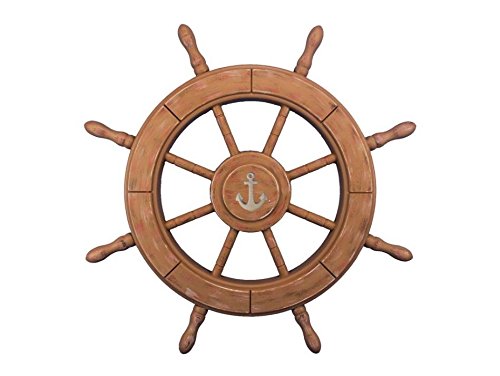 Rustic Wood Finish Decorative Ship Wheel With Anchor 24" - Wooden Ships Wheel -