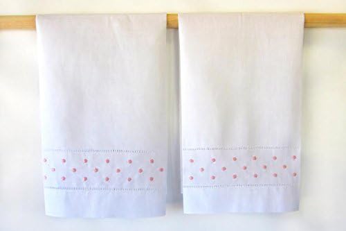 White Hemstitched and Embroidered Hand Towels with Pink Dotted Border (set of 2)