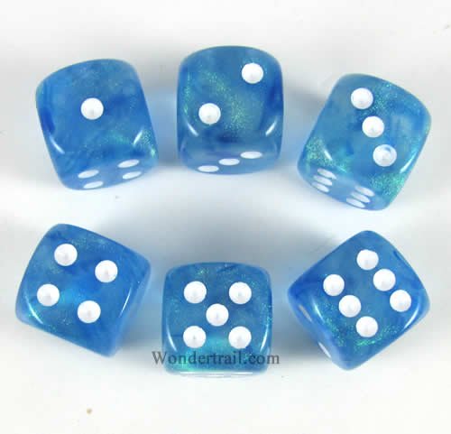 Sky Blue Borealis With White Pips 16mm D6 Dice Set of 6 Wondertrail WCX27626E6
