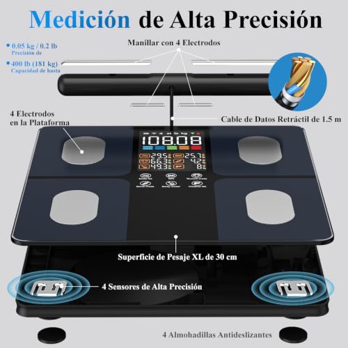 Muja Báscula Digital Corporal de 8 Electrodos, 50 Mediciones Corporales - BMI, Grasa Corporal, Masa Muscular y Más, Bascula Corporal on Una Gran Pantalla LED de 5.4 Pulgadas, 180kg/400lb