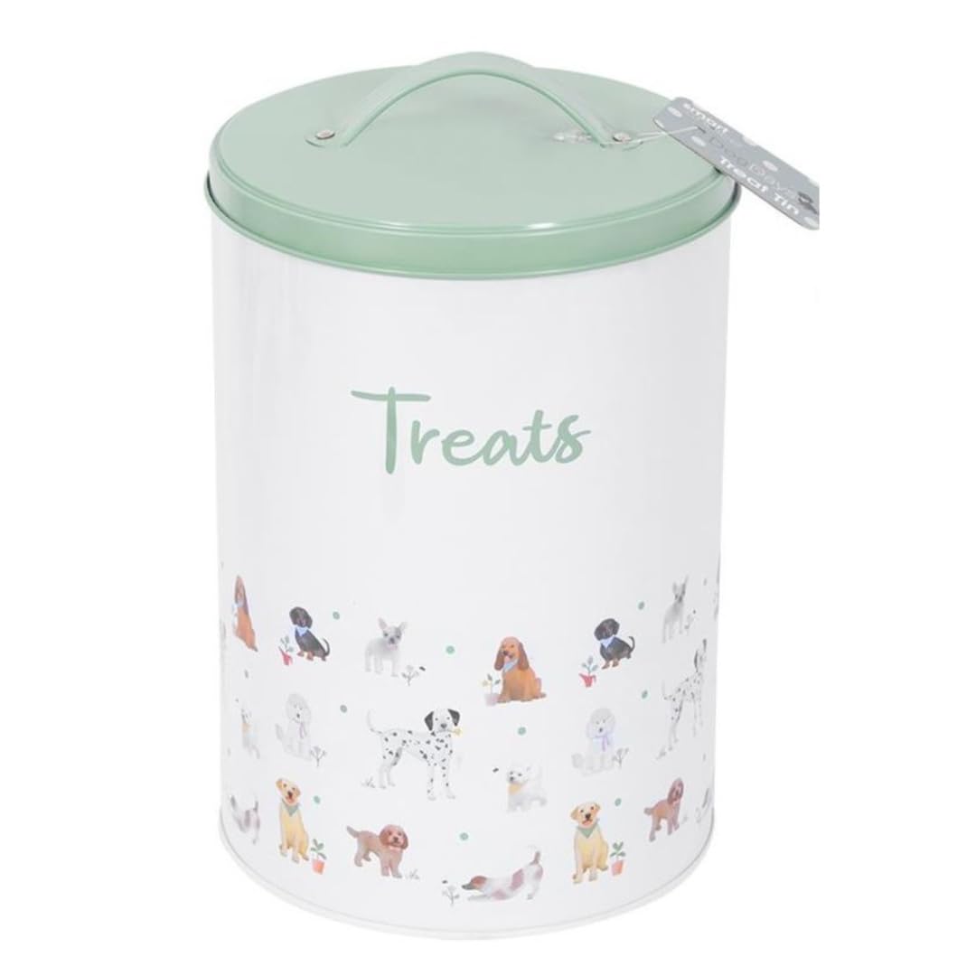 Stylish Grey/Green Pet Treat Storage Tin with Handle and Dog Print - approx 19cm x 13cm - keep treats fresher for longer