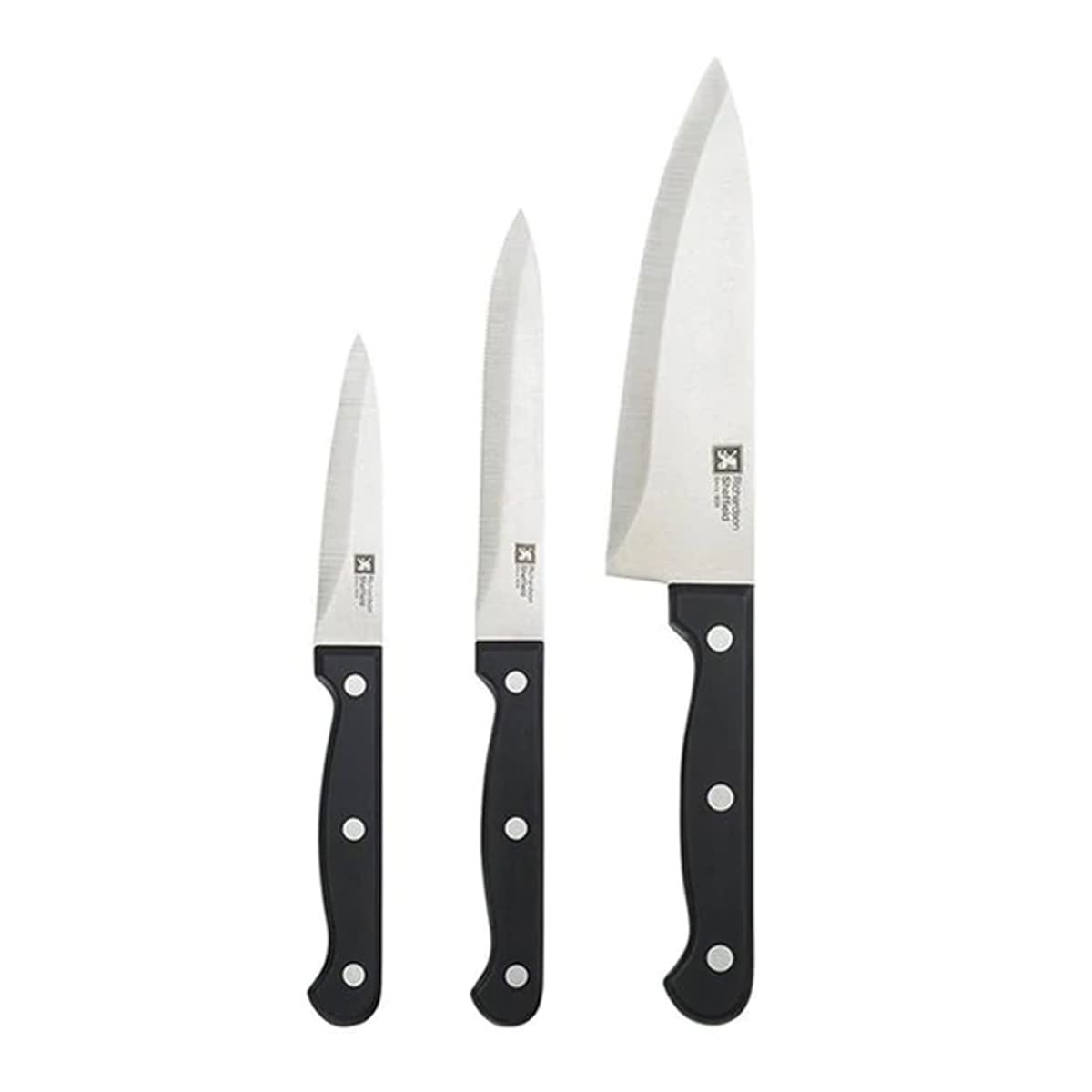 Richardson Sheffield Artisan Essentials 3 Piece Knife Set Super Sharp MOV (Molybdenum Vanadium) Steel with 15 cm Coocks Knife 13 cm Serrated Utillity Knife and 9 cm Paring Knife