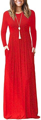 DICOOL Women Long Floor Length Dress Casual Long Sleeve A Line Maxi Dress (Red, Large)