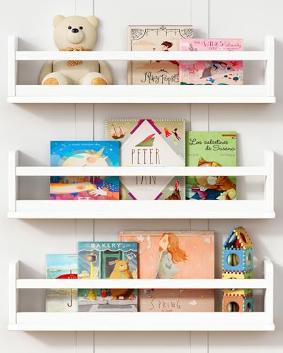 Harwaya 24 Inch White Wall Bookshelf for Kids Room, Floating Nursery Book Shelves Wall Mounted with Lip and Hanging Rod for Baby Girl Boy Bedroom, Large Corner Hanging Children Bookshelves -Set of 3