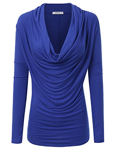 Doublju Soft Knit Cowl Neck Blouse Top For Women WIth Plus Size (Made In USA) ROYAL LARGE