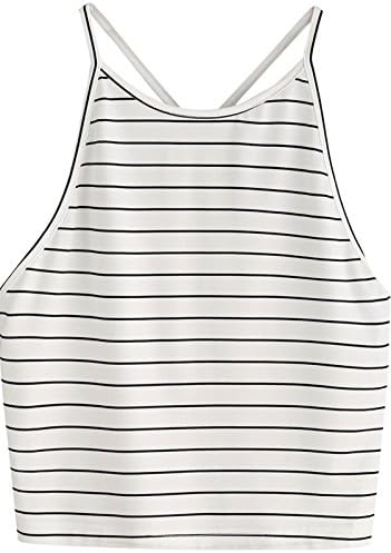 QiaoMeiJiaRen Women's Soft Stretchy Striped Sleeveless Crisscross Back Halter Crop Top Shirt (Black and White, Large)