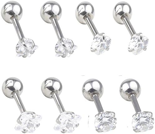 FB-8Pcs 18G 4mm Stainless Steel Women Ear Nose Piercing Barbell Earrings CZ Inlaid