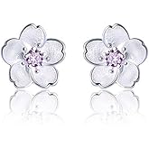 QLYOVWE Pink Flower Stud Earrings for Women 925 Sterling Silver Stud Earrings Hypoallergenic Boho Cherry Blossom Flower earrings Silver Flower Stud Earrings
