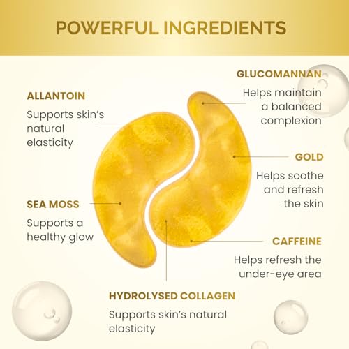 PLANTIFIQUE 24K Gold Under Eye Gel Patches - Dermatologist Tested - 20 Pairs Collagen & Hyaluronic Acid Eye Masks for Dark Circles, Bags & Puffiness