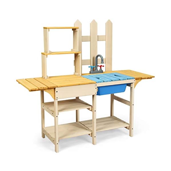 COSTWAY Matschküche mit Wasserhahn, Kinderküche Holz, Outdoor Küche, Holzküche, Spielküche, Spielzeugküche für Kinder ab…