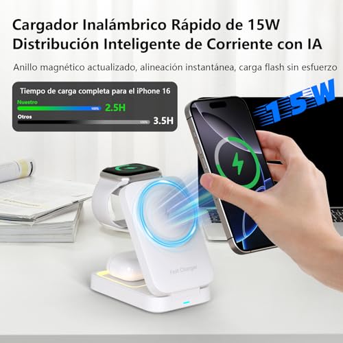 Cargador Inalámbrico,3 en 1 Estación de Carga para iPhone 17 16 15 14 13 12 Pro Max Apple Watch y AirPods,15W Cargador Rápido para iPhone,Luz,33W Adaptador,Regalos para Hombre Mujer (Negro-1)