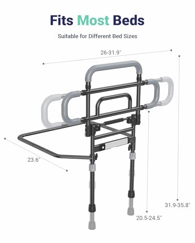 Bed Rails for Elderly Adults Safety, 180° Foldable Bed Rail with Adjustable Height & Width, 350lb Load, Extra-High Design, Wide Base, LED Light & Storage Pockets – Fits King/Queen/Full/Twin Beds