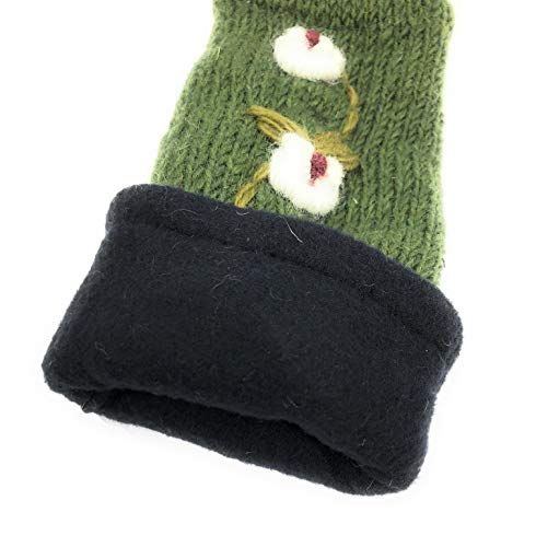 Floral Insulated Lined Wool Knit Arm Warmer Fingerless Gloves Thumb Hole Hand Mittens (Green/Light Green Rose)