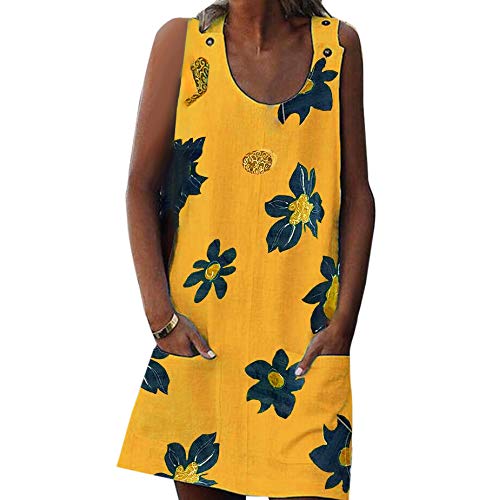 Women Boho Tunic Mini Dress, Lady Summer Strap Round Neck Button Printed Shift Beach Sundress with Pockets (X-Large, Yellow)