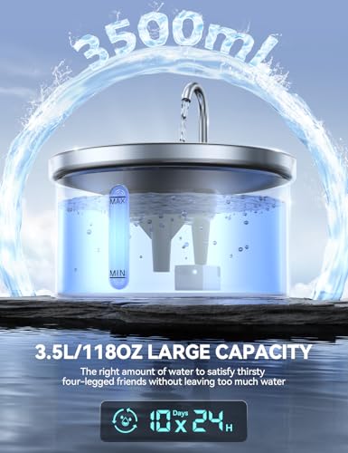 FEELNEEDY Stainless Steel Cat Fountain 3.5 Litre Water Fountain with Tap for Pets Quiet with 3 Filters and USB Plug