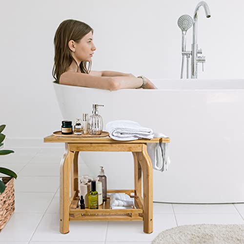 Bamboo Shower Bench Inside Shower Stool With Storage Shelf, Spa