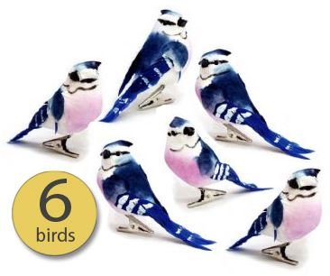Set of 6 Artificial Birds, Craft Birds, Fake Birds - 3" Mushroom Blue Jay Wholesale Bulk Set