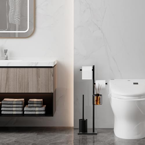 Toilet Paper Holder Set Stainless Steel Black Freestanding Toilet Brush and Storage Basket Perfect for Organizing Bathroom with Elegance and Practicality
