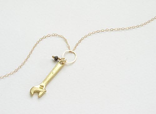 Tiny Wrench Necklace, miniature wrench, pyrite stone 14kt gold filled chain, miniature tool series