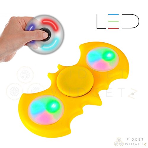 Fidget Spinner Bat Shape 3 Setting LED Toys By Fidget Widgetz Premium EDC Finger Spinner Stainless Steel Bearings Beginner Click-On LED Yellow Bat Hand Spinner For Kids adults Anti-Anxiety 360˚