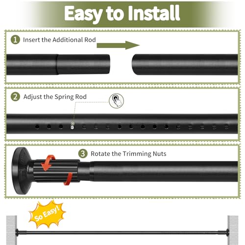 Tension Curtain Rod 51-145In(4.25-12.08Ft), Extra Long Outdoor Curtain Rod No Drilling for Window or Patio, Adjustable Spring Shower Rod, Never Rust, Rod Diameter 1.26In-Black