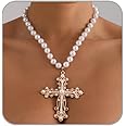 ANGLEQUEEN Gothic Cross Necklaces Layered Pearl Beads Cross Pendant Necklaces Punk Vintage Cross Chain Necklace Chunky Cross Necklace Gothic Jewelry for Women