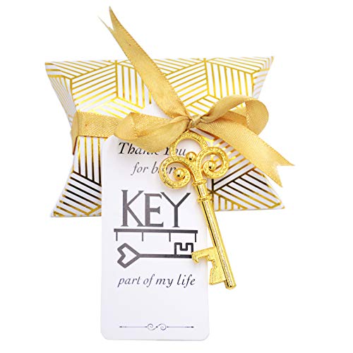 Makhry 50pcs Wedding Favor Souvenir Pillow Candy Box Gift Set Vintage Skeleton Key Bottle Openers Escort Gift Card Thank You Tag French Ribbon (Antique Gold)