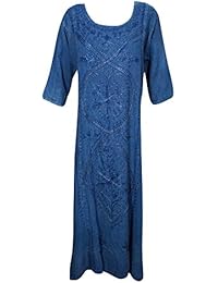 Womens Shift Dress Sundress Enzyme Wash Embroidered Inspired Free Spirit Caftan Tunic Maxi Dresses XXL (Blue)