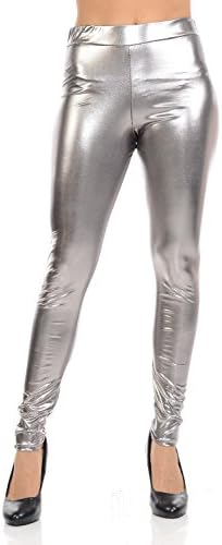 Topia Women's Liquid Wet Look Metallic Pu Leather Leggings Pants (Medium, Silver)