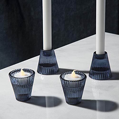 LampLust Glass Taper Candle Holders - Blue Glass - Reversible Tea Light Holder Set - Traditional Window Candles, 2.5" High, Holiday Seasonal Decor, Hanukkah, Home & Accessory, Fits All Taper Can - Thumbnail 3