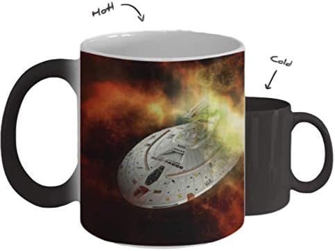 Star Trek Thermochromic Mug Voyager/Novelty Heat Changing Ceramic Coffee Tea Cup Trekkies Space Enthusiasts - Changes color when hot beverage is poured in - changes back to black when cold