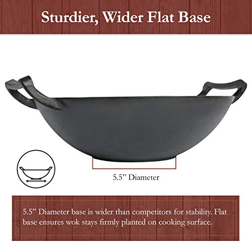 Pre-Seasoned Cast Iron Nonstick Hot Wok Burner Pan with Large Loop Handles - 13" Diameter, 5.5" Wider Flat Base - Includes FREE silicone hot pan handle holders, Great for induction, gas,electric tops