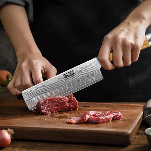 Cuchillo Nakiri Damasco 16,5 cm, Japones Cuchillo para Verduras, Profesional Cuchillo de Cocinero de 67 Capas de Acero Damasco con Mango de Madera de Olivo