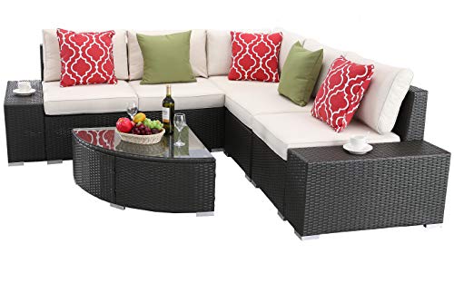 Do4U Patio Sofa 6-Piece Set Outdoor Furniture Sectional All-Weather Wicker Rattan Sofa Beige Seat & Back Cushions, Garden Lawn Pool Backyard Outdoor Sofa Wicker Conversation Set (6134-EXP-WHI)