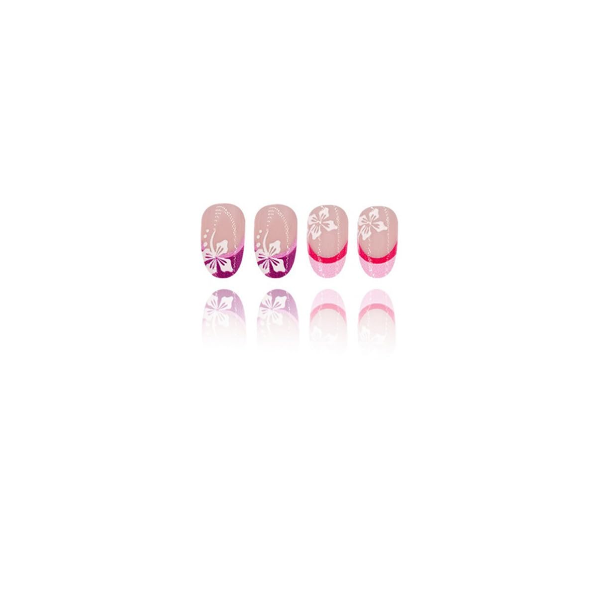 Short Flower Press on Nails Oval Fake Nails Colorful French Tip Acrylic Glue on Nails Spring Summer False Nails with White Floral Designs Glossy Stick on Nails for Women Girls 24 Pcs - Image 5