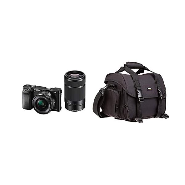 Sony Alpha 6000 Systemkamera (24 Megapixel, 7,6 cm (3") LCD-Display) inkl. SEL-P 16-50 mm und SEL 55-210 mm Objektiv, schwarz & Amazon Basics - Große L Umhängetasche für SLR-Kamera und Zubehör