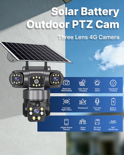 4G Solar Camera Outdoor, 3 Lens 3 Screen Surveillance CCTV Outdoor Camera for Home Security, V380 pro Human Detect Security Camera with Solar Panel, Motion Detection, PIR Alarm, Color Night Vision