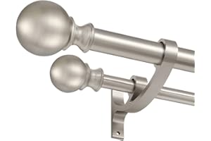 HOSMILE Double Curtain Rods for Window 48-84 Inch, Adjustable Double Drapery Rod with Round Finials, 1-Inch Front and 5/8 Inch Back Double Curtain Rod, Brushed Nickel Double Window Rod