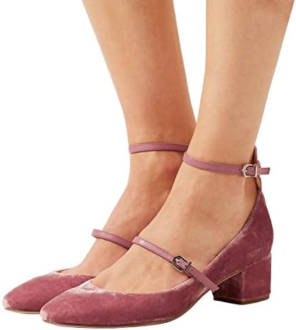 XYD Womens Retro Marry Jane Block Heel Pumps Velvet Ankle Strap Round Toe Dress Shoes Size 13 Pink