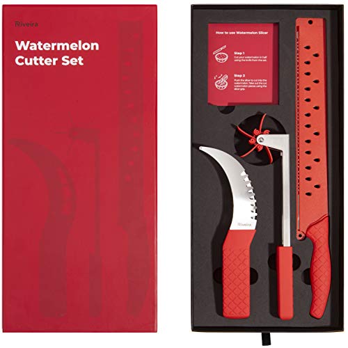 Riveira Watermelon Slicer Windmill Cutter Carving Knife 12-Inch Stainless Steel 3-Piece Kitchen Gadget Newly Designed Gift Set with TPR Silicone Handles for Cutting Fruit Melon Summer Best Gadgets
