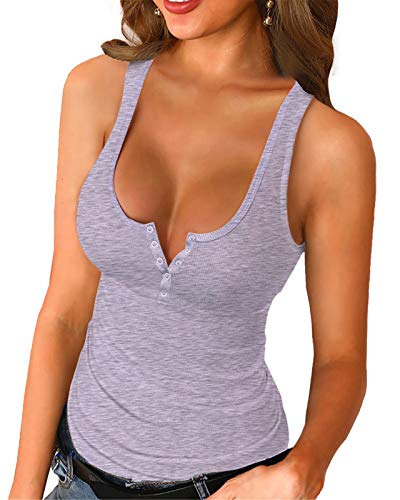 WOMENS SCOOP NECK HENLEY TANK TOPS LOW CUT SOLID SEXY SUMMER SLEEVELESS BUTTON DOWN SHIRTS (US, ALPHA, X-SMALL, REGULAR, REGULAR, PURPLE)