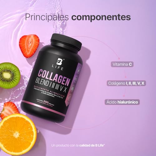 Colágeno Hidrolizado Tipo I, II, III, V y X | 200 Cápsulas 1000 mg por porción | Adicionado con Vitamina C y Ácido Hialurónico. Collagen Blend I, II, III, V X. B Life