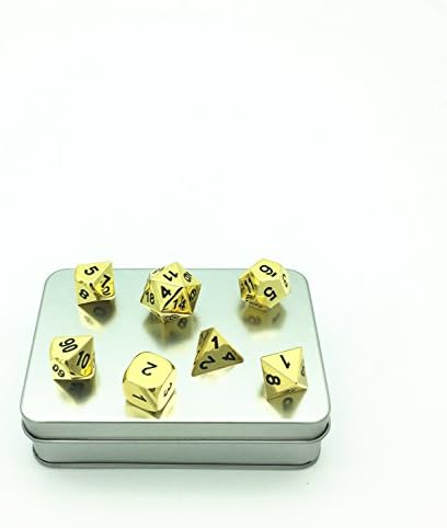 Truewon Role Playing Games Metal Dice Set of 7 Bright Golden Color TRPG Alloy Dice Set with Metal Case and Storage Bag