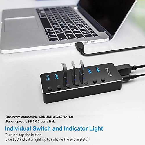RSHTECH USB Hub Powered 7 Port USB 3.0 Data Hub Aluminum USB Extension Splitter with Individual On/Off Switch Universal AC to DC 5V Power Adapter (RSH-518) - Image 3