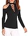 VintageRose Womens Black Lace-up Cold Shoulder T-shirt Tops Black S