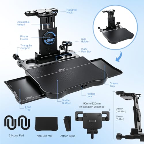 Car Table, Multifunctional Folding Rear Table for Cars, with Cup Holder and Tray, Removable, for Children, Travel, Work (Load Capacity 20 kg)