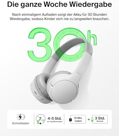 SoundForm Mini kabelloser Kinderkopfhörer mit integriertem Mikrofon und lustigen Aufklebern, 30 Std. Wiedergabe – Over-Ear-Kopfhörer für Unterricht, Ferien, iPhone, iPad, Galaxy – Weiß