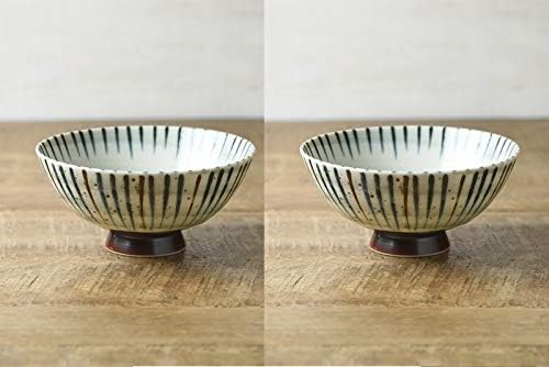 Yamani Pottery Mino Yaki Japanese Porcelain Rice Bowl 13cm [Set of 2 Bowls] Tokusa Blue Stripes Pattern from Japan 3617666