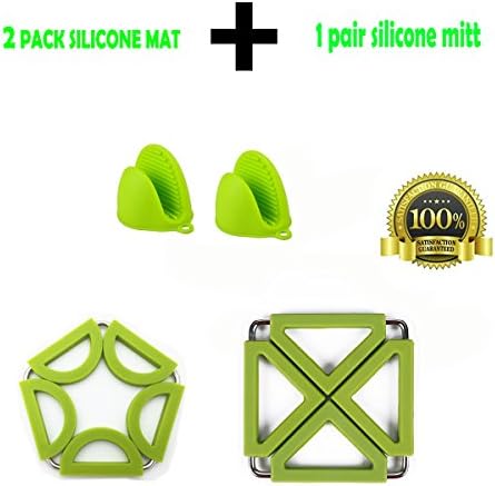Expandable Silicone Hot Pads Trivet Mats And Oven Mitts Multipurpose Heat Resistant Kitchen Tool (2PCS Green Hot Pads, 1Pair Green Oven Mini Mitts)