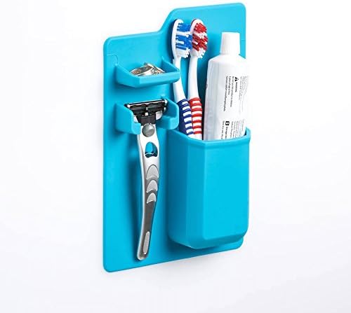 Silicone Toothbrush Holder Waterproof Gel Toothpaste and Shaver Organizer Hanger for Bathroom Mirror shower (Blue)
